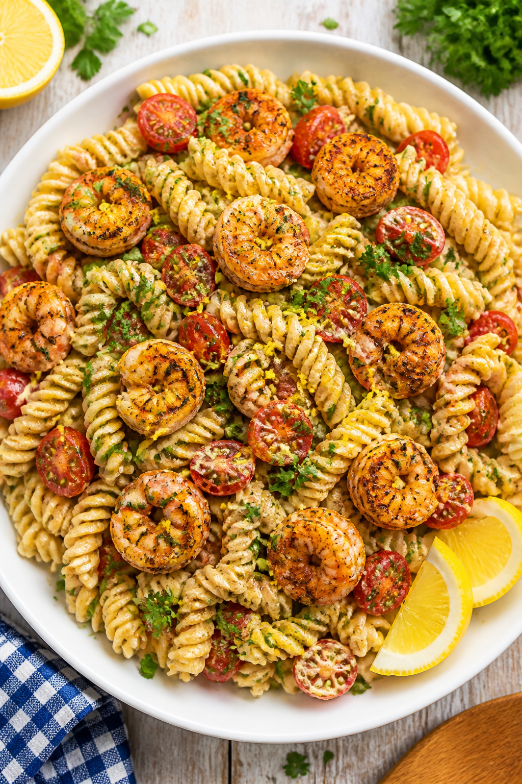 Final plated, tasty top view: Overhead shot of Spicy Cajun Shrimp Ranch Pasta Salad beautifully pres