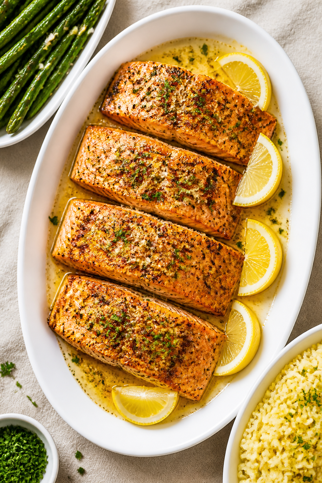 Final plated top view: Overhead shot of beautifully plated Garlic Butter Parmesan Salmon on a white 