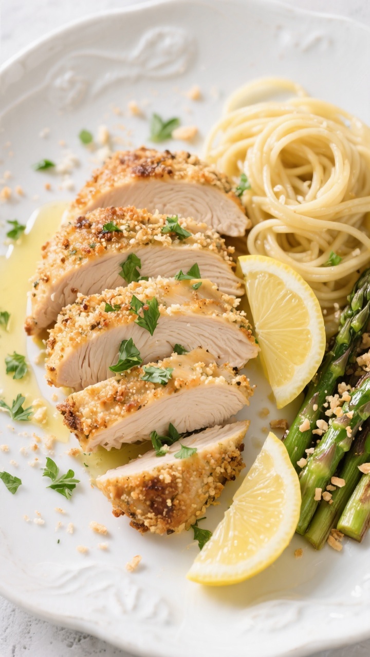Final plated, top view: Overhead shot of Garlic Parmesan Crusted Chicken sliced to show juicy interi