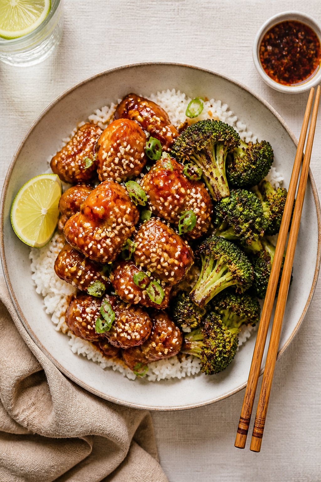 Final plated top view: Overhead shot of Spicy Honey Chicken & Roasted Broccoli served over fluffy wh