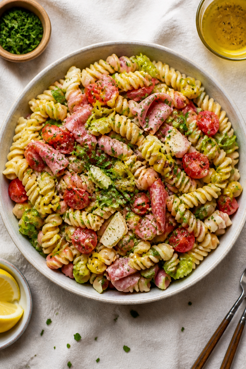 Final plated, top view: Restaurant-quality presentation of High Protein Italian Sub Pasta Salad serv