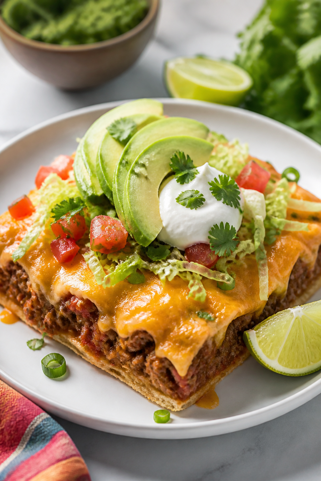 Final plated, vibrant and fresh: A golden, bubbly square of Healthy Ground Beef Taco Bake on a matte