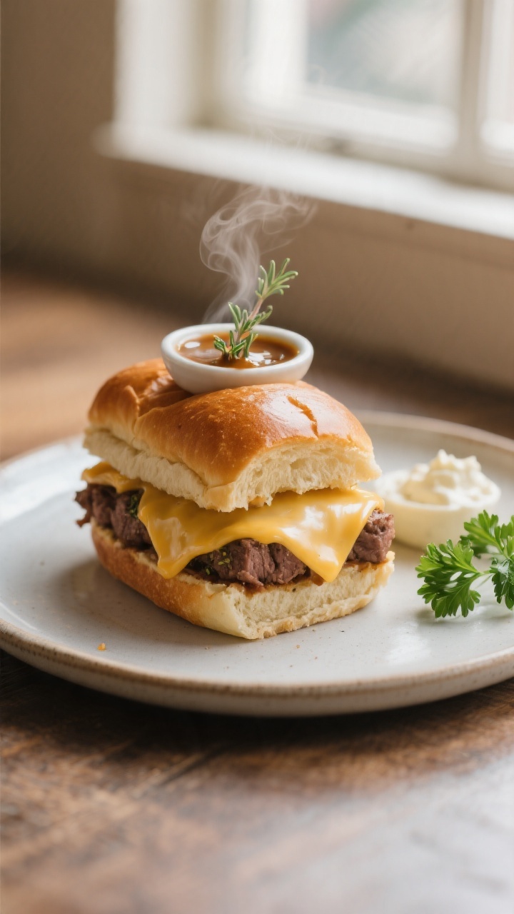 Final presentation beauty: Close-up of a single plated French Dip Slider cut from the sheet, cheese