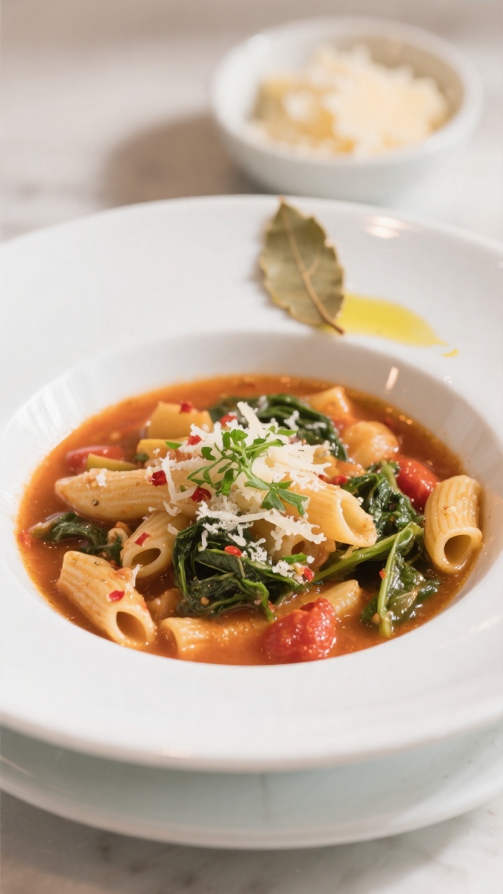 Final presentation hero image: Restaurant-quality plating of minestrone in a wide, shallow white bow