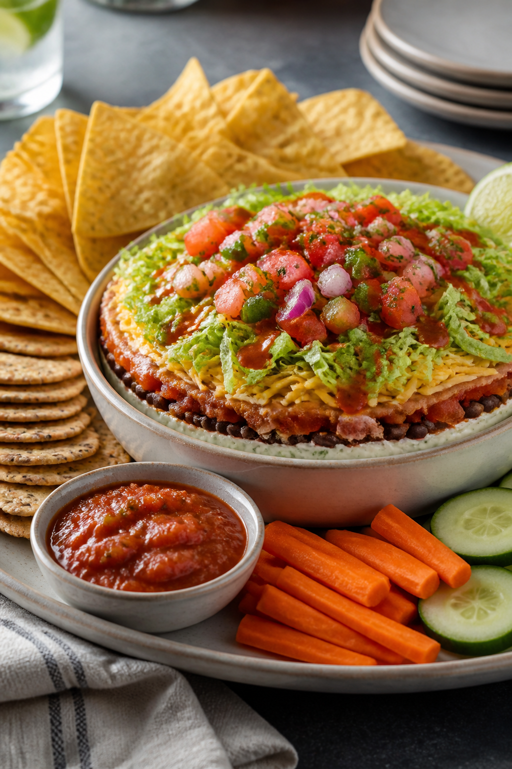 Final presentation platter: Three-quarter angle hero shot of a party-ready taco dip spread—dip cen