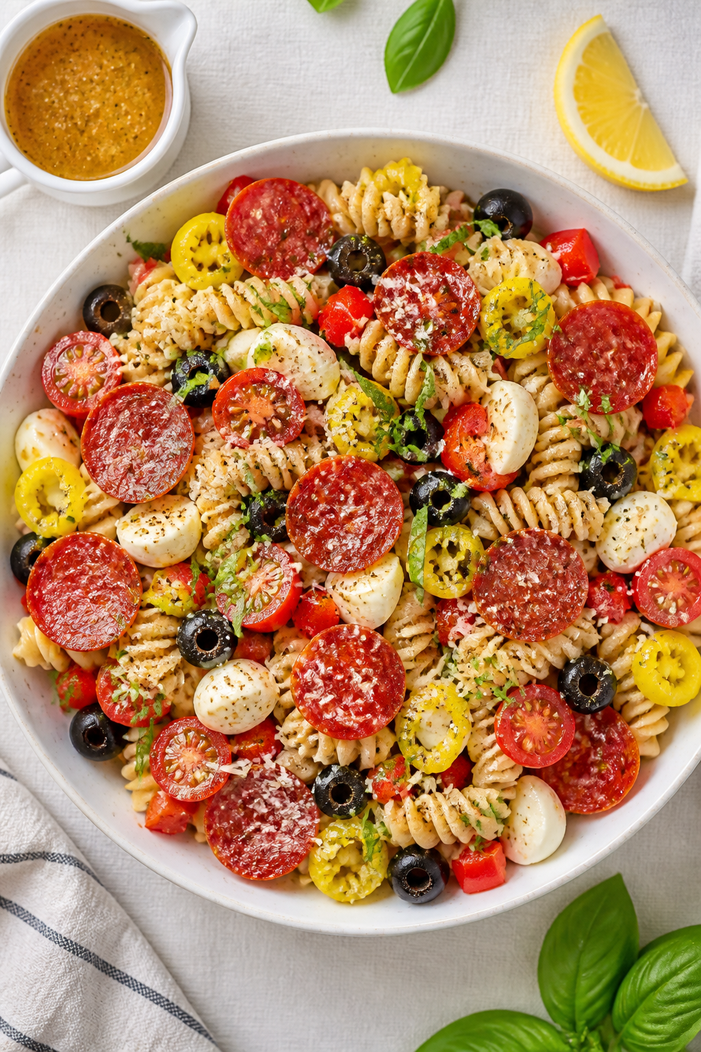Final presentation, top view: Beautifully plated High Protein Pepperoni Pizza Pasta Salad in a wide,