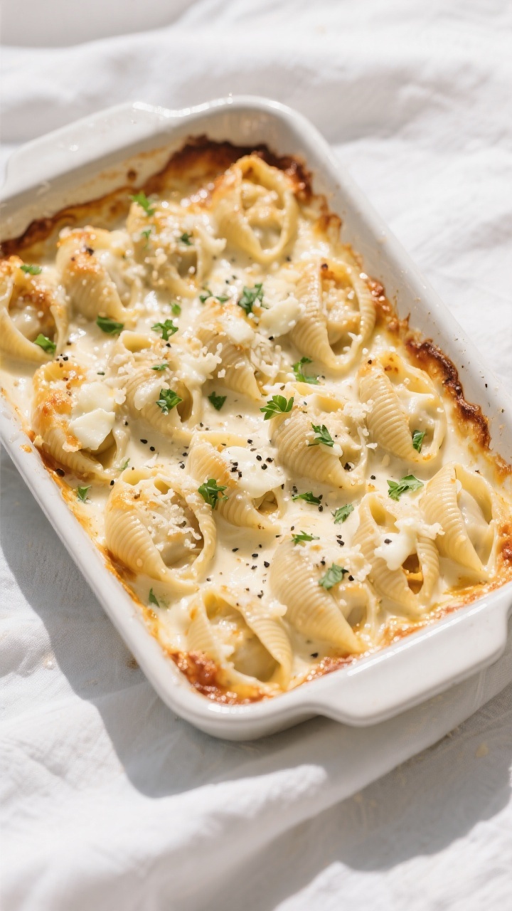 Overhead bake-in-pan shot: Freshly baked Creamy Alfredo Stuffed Shells in a 9x13 dish, sauce bubblin