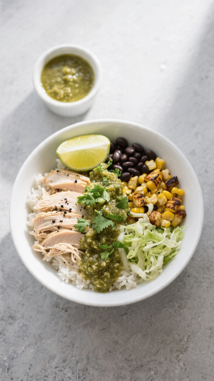 Overhead bowl meal, : Burrito bowl with cilantro-lime rice base topped with neat sections of salsa v