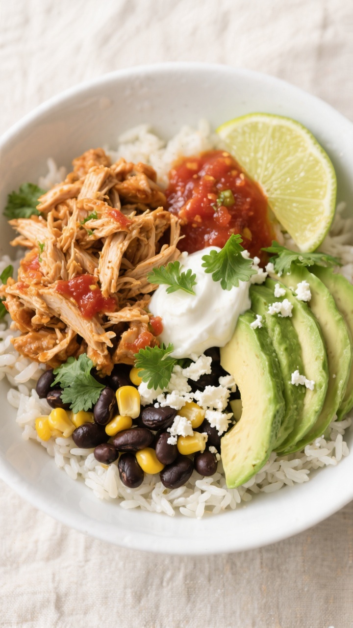 Overhead bowl meal, top-down: Tasty top view of a burrito bowl—cilantro-lime rice base topped with