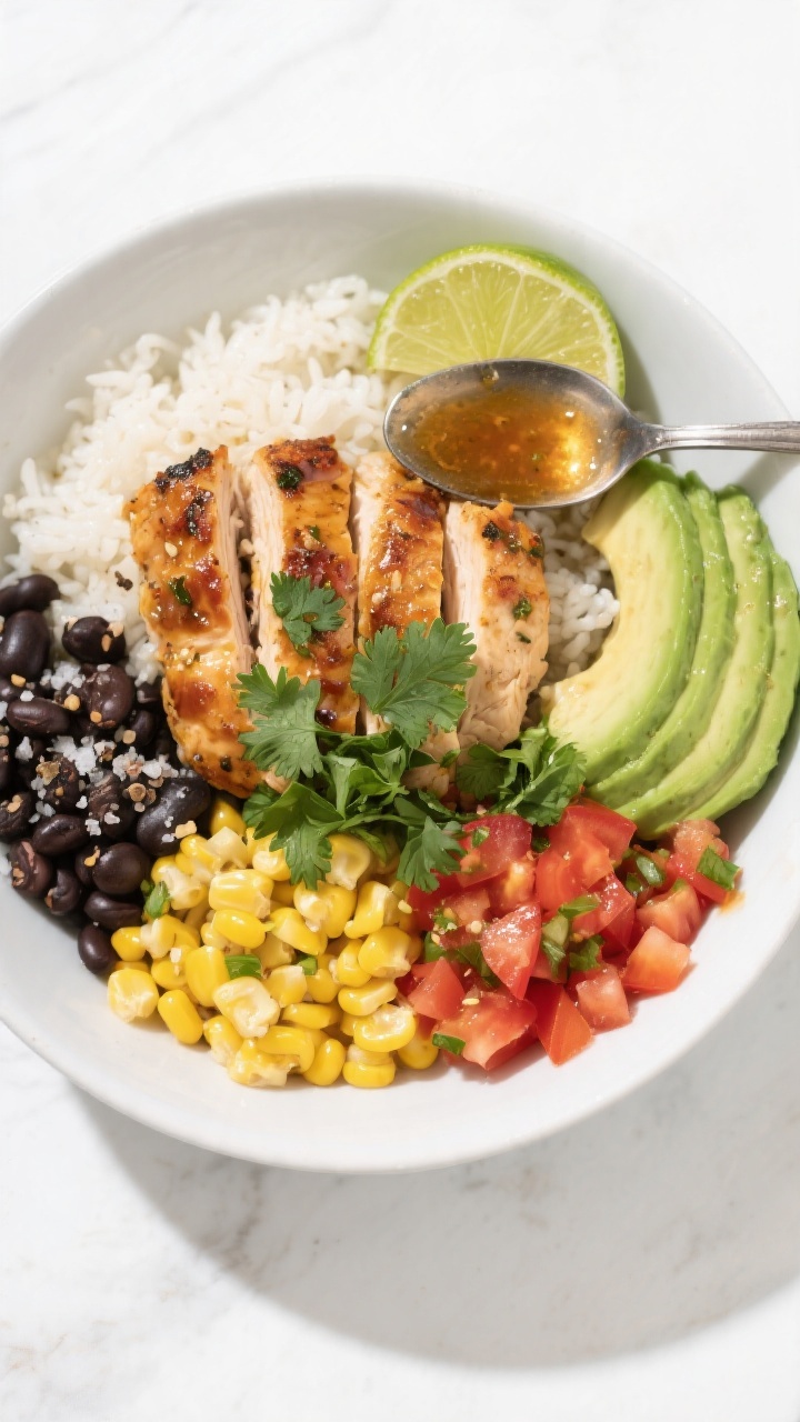 Overhead bowl scene: Tasty top-down burrito bowl with cilantro-lime chicken over fluffy rice, black 