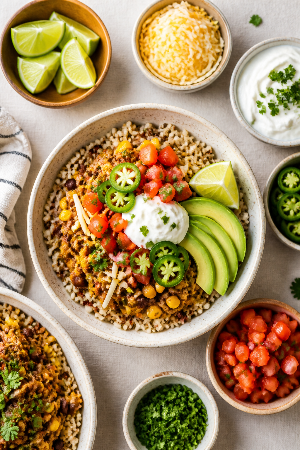 Overhead “build your own bowl” top view: Final Slow Cooker Mexican Chicken Bowls arranged on a n