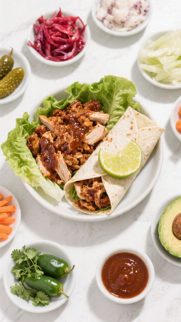Overhead “build-your-own” scene: Tasty of a family-style spread—bowl of glossy BBQ turkey fill