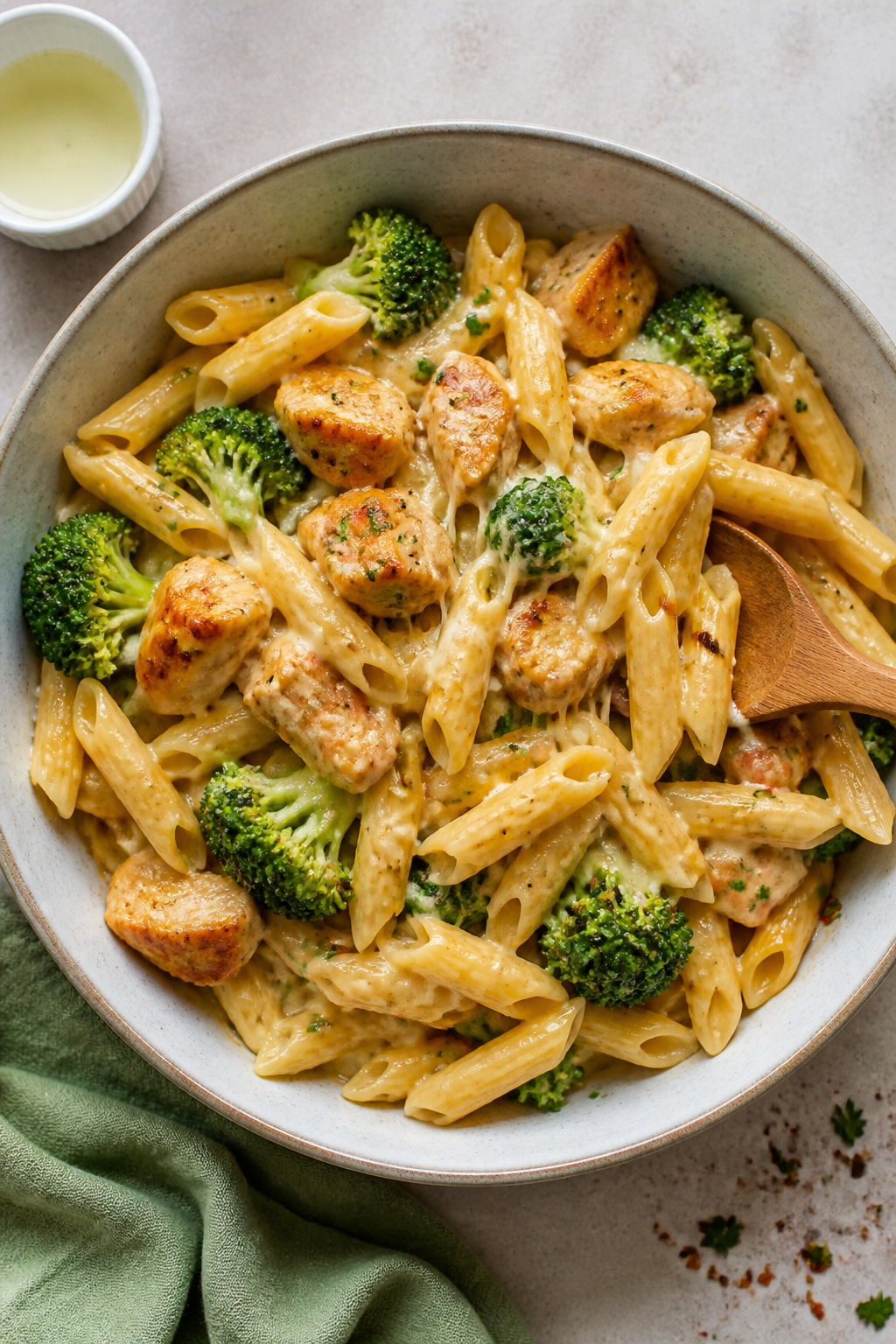 Overhead “combine and toss” moment: Large mixing bowl filled with just-shy-of-al-dente penne, br