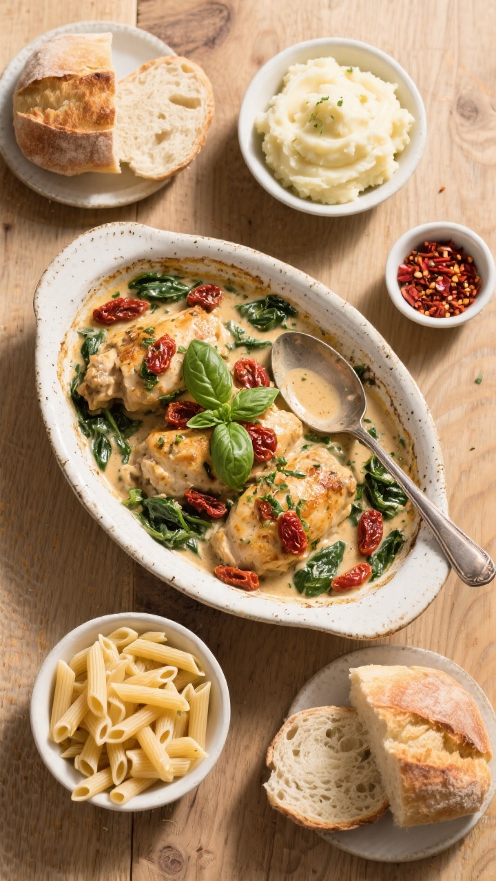 Overhead family-style spread: Top-down shot of a rustic oval serving dish of Slow Cooker Creamy Tusc