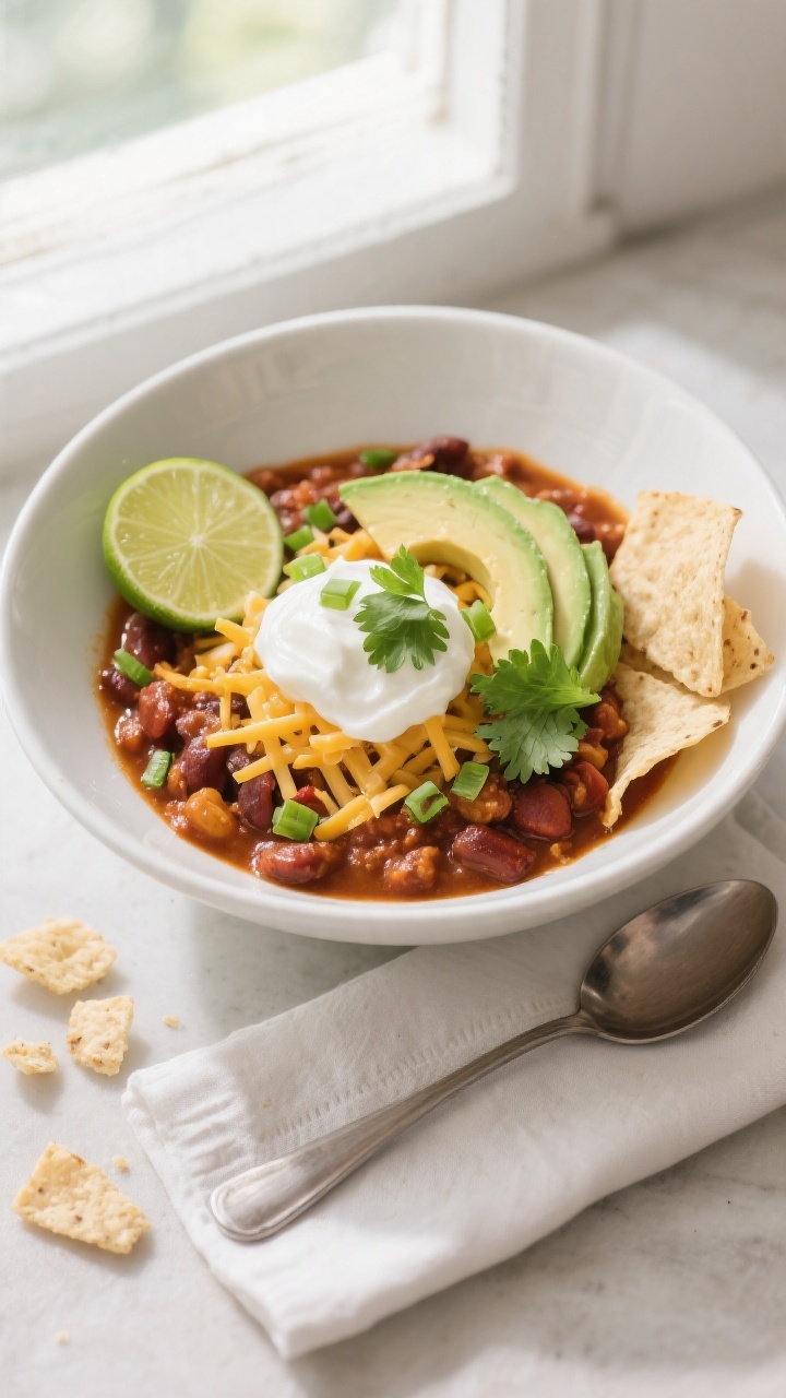 Overhead final dish: Tasty of a wide, shallow white bowl filled with the chili, topped with a genero