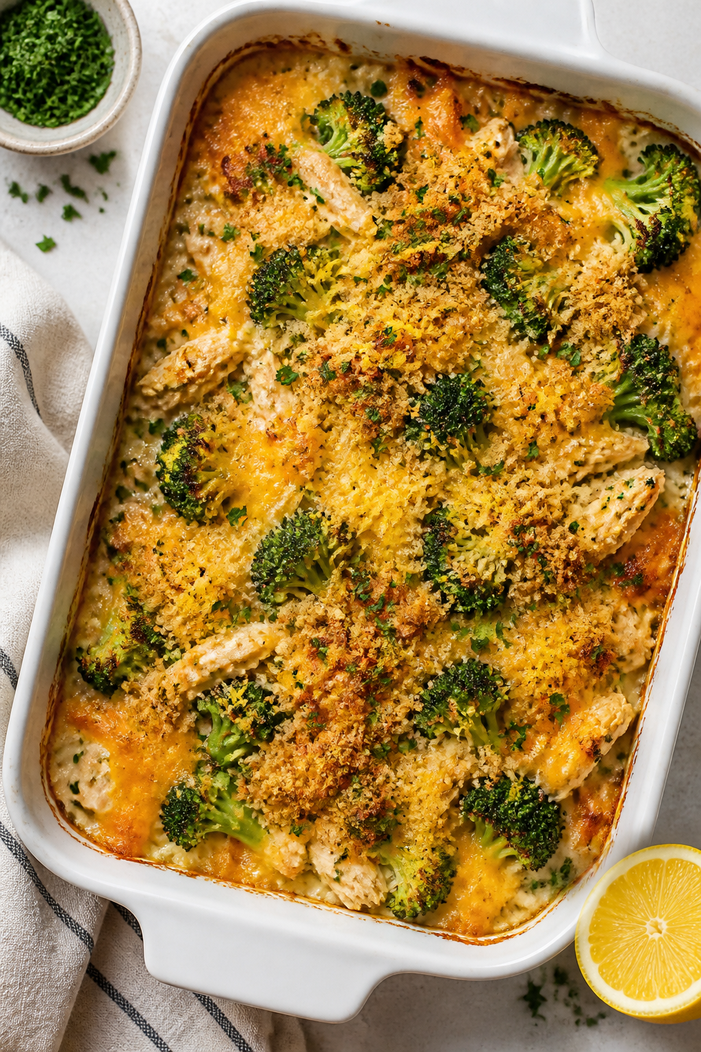 Overhead “in-the-pan” shot: Hot-from-the-oven Healthy Chicken Broccoli Rice Casserole in a 9x13 