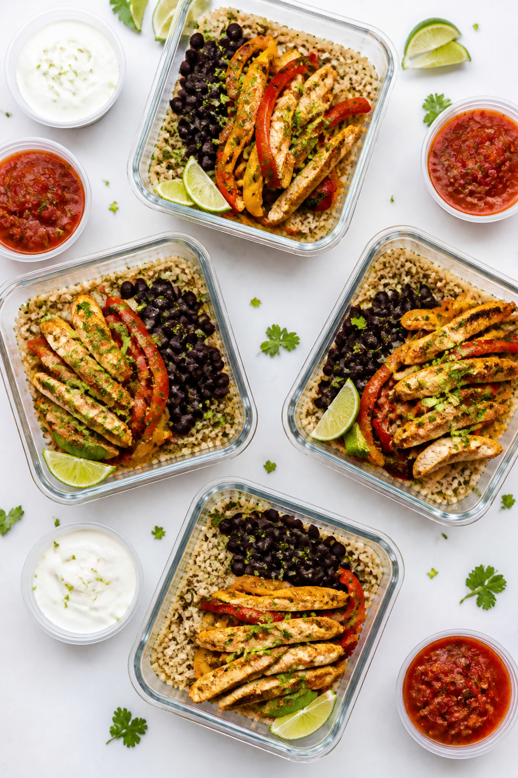 Overhead “meal prep assembly” shot of four to five open containers organized neatly: base layer