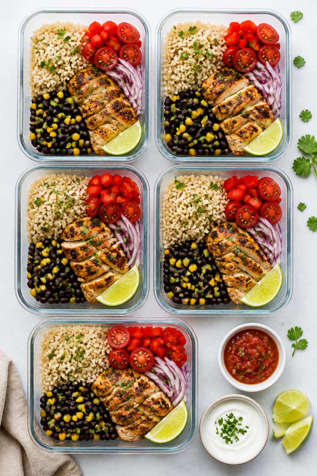 Overhead meal-prep layout: Top-down shot of five clear meal-prep containers neatly arranged, each wi