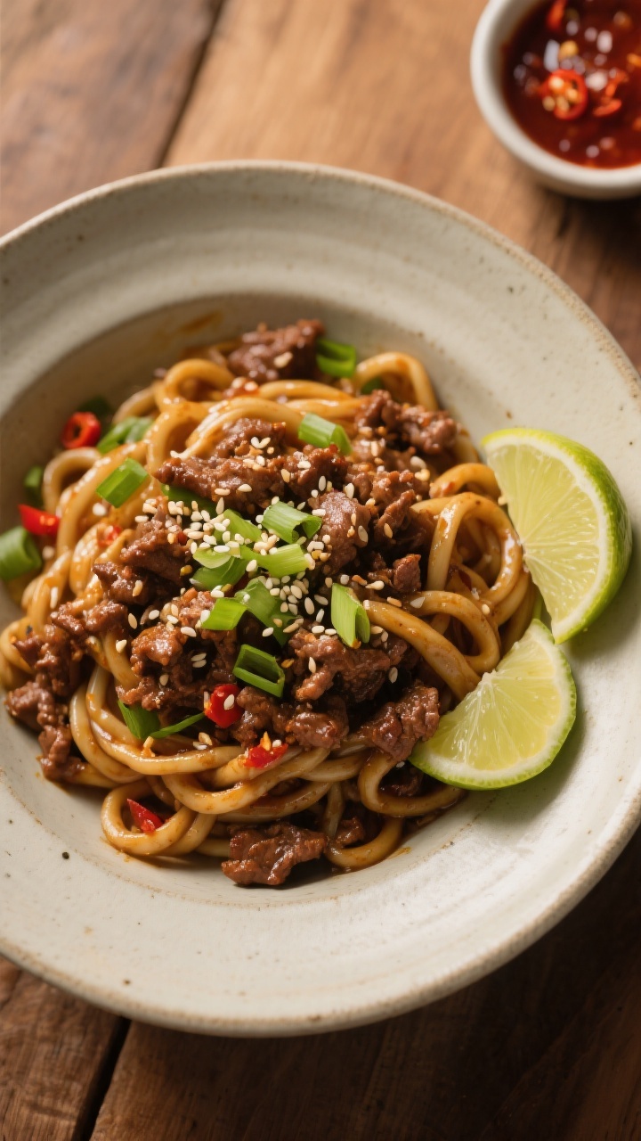 Overhead noodle bowl: Tasty top-down shot of Mongolian ground beef tossed with chewy udon noodles, s