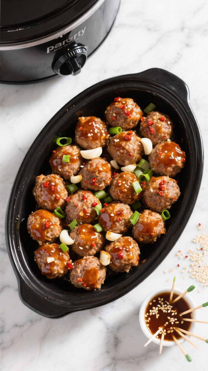 Overhead “party” presentation: Top-down shot of saucy honey garlic turkey meatballs arranged in 