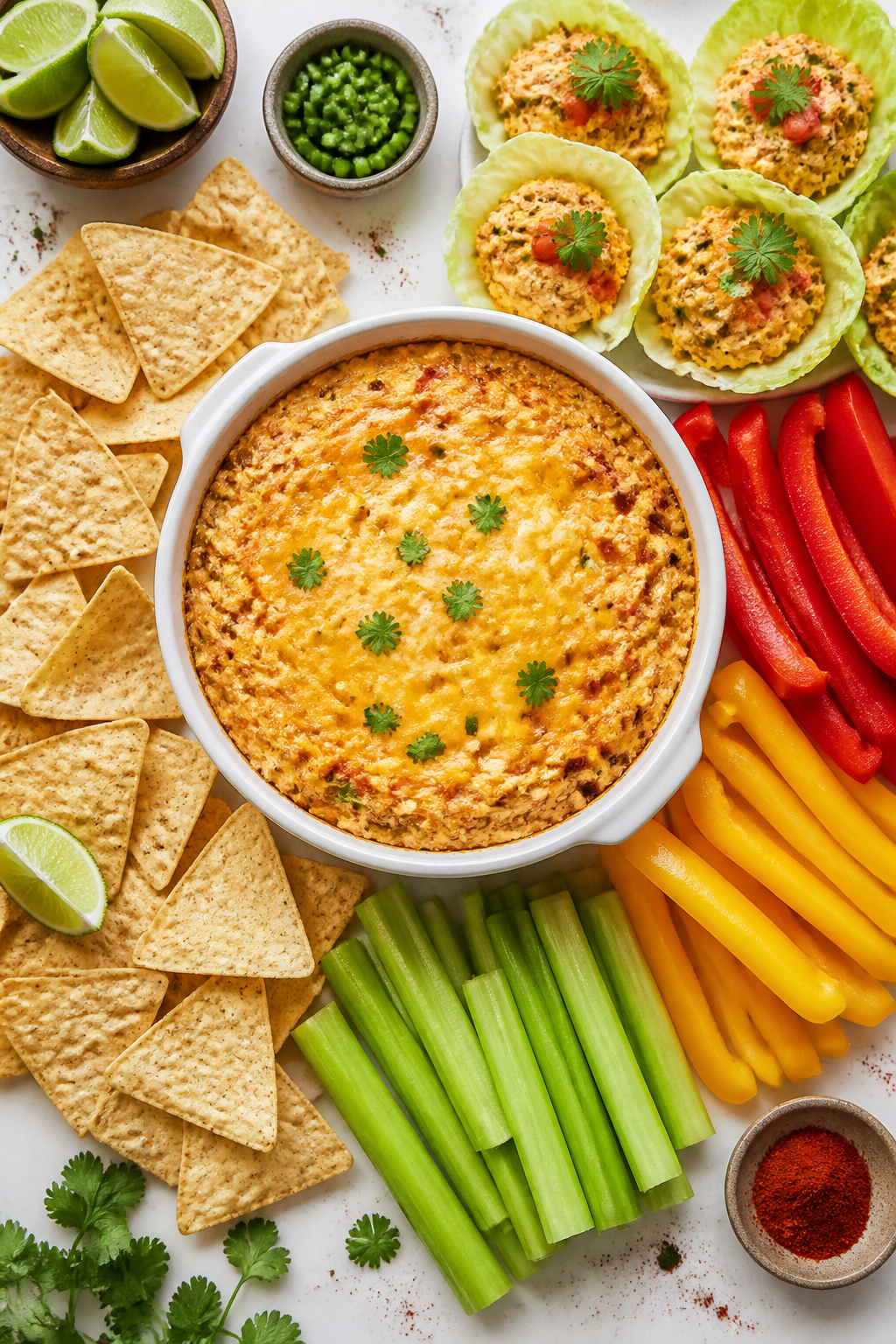 Overhead “party spread” top view: Hot and cold serving options showcased together—center bowl 