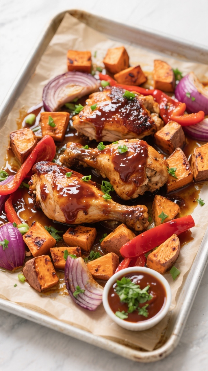 Overhead shot of a just-roasted one-pan BBQ chicken and sweet potatoes on a parchment-lined sheet pa