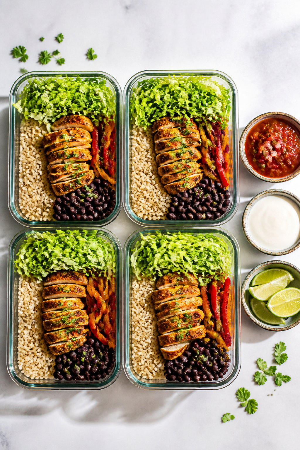 Overhead shot of healthy chicken taco meal prep bowls arranged in a neat grid of 4 containers: fluff