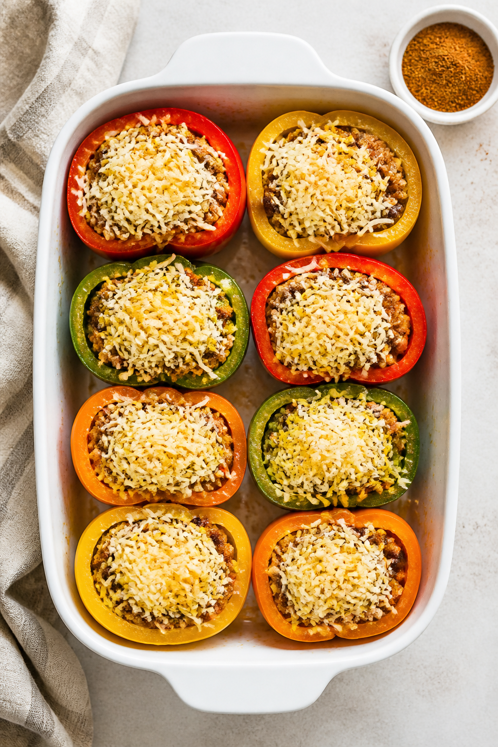 Overhead “stuff and bake” stage: Top-down shot of par-baked bell peppers (red, yellow, green, an