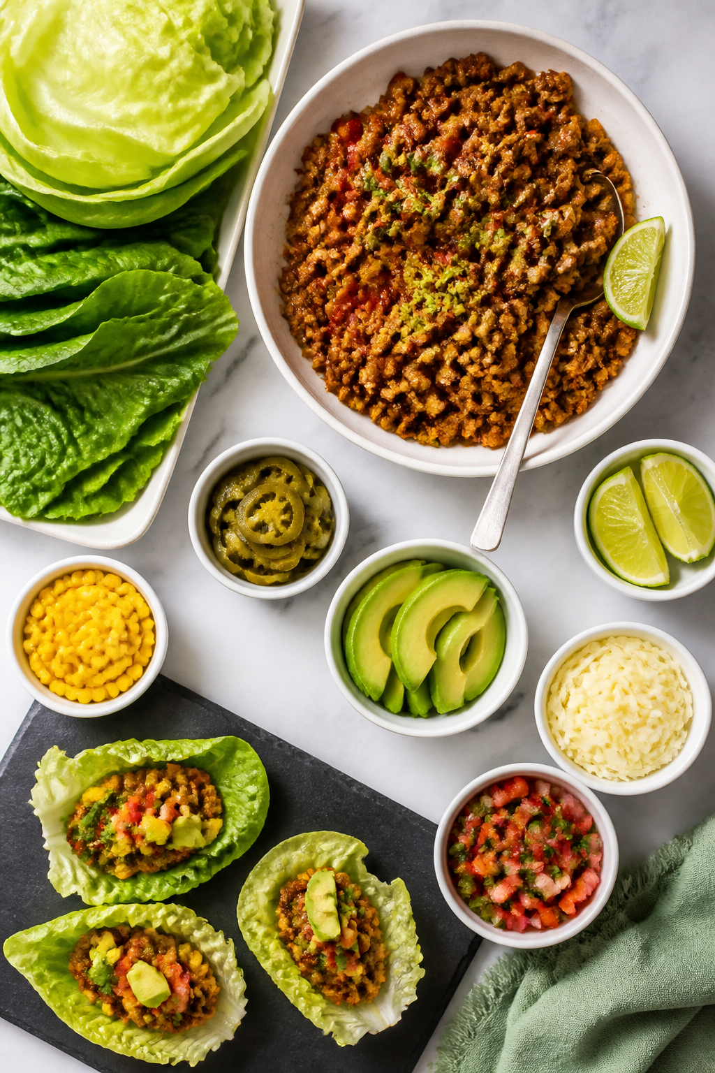Overhead “taco night” spread, top view: Top-down shot of a build-your-own setup featuring a bowl