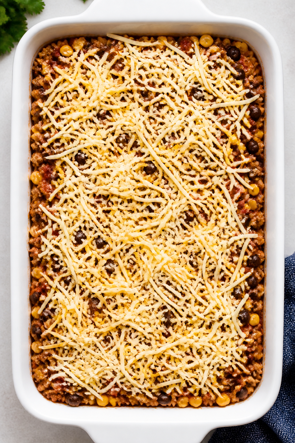 Overhead “tasty top view” before the oven: Assembled taco bake in a 9x13 dish with an even torti