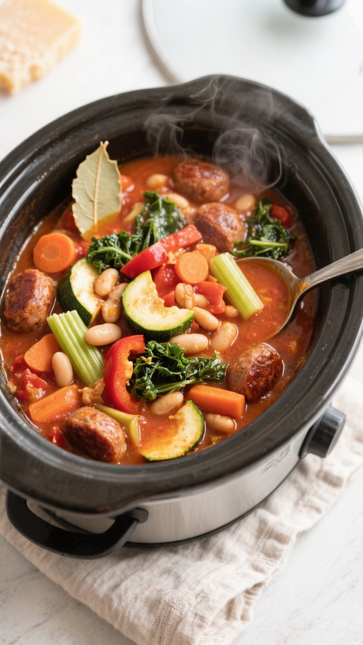 Overhead tasty top view: Crockpot Italian Sausage & Veggie Stew just finished cooking in the slow co