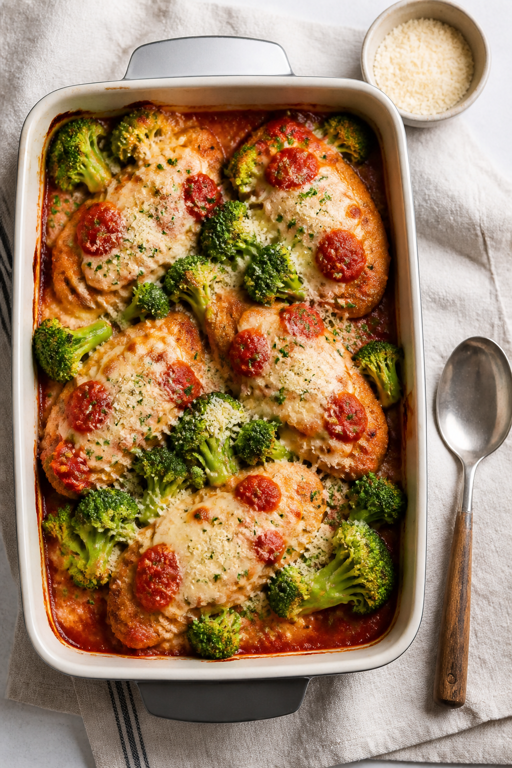 Overhead tasty top view: Family-style 9x13 baking dish of Easy Baked Chicken & Broccoli Parmesan, ne
