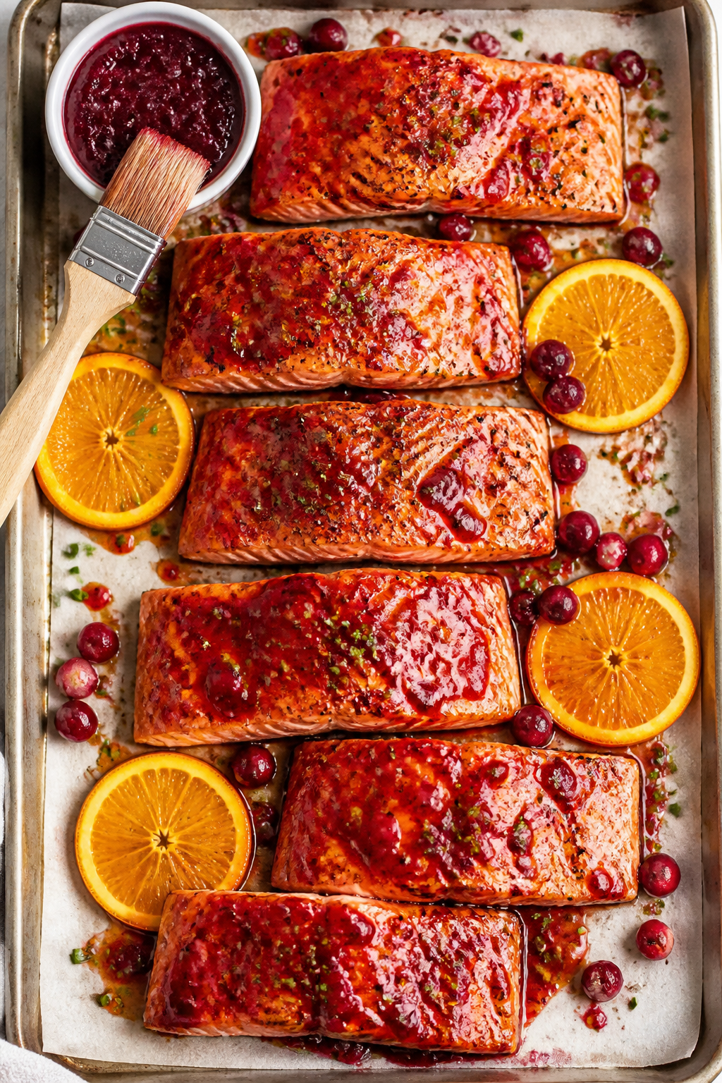 Overhead “tasty top view,” family-style: Sheet-pan style presentation of multiple glazed salmon