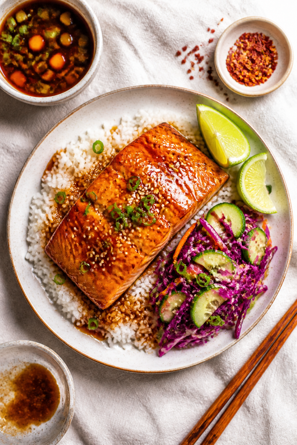 Overhead “tasty top view”: Final plated Pineapple Glazed Salmon on a shallow white ceramic plate