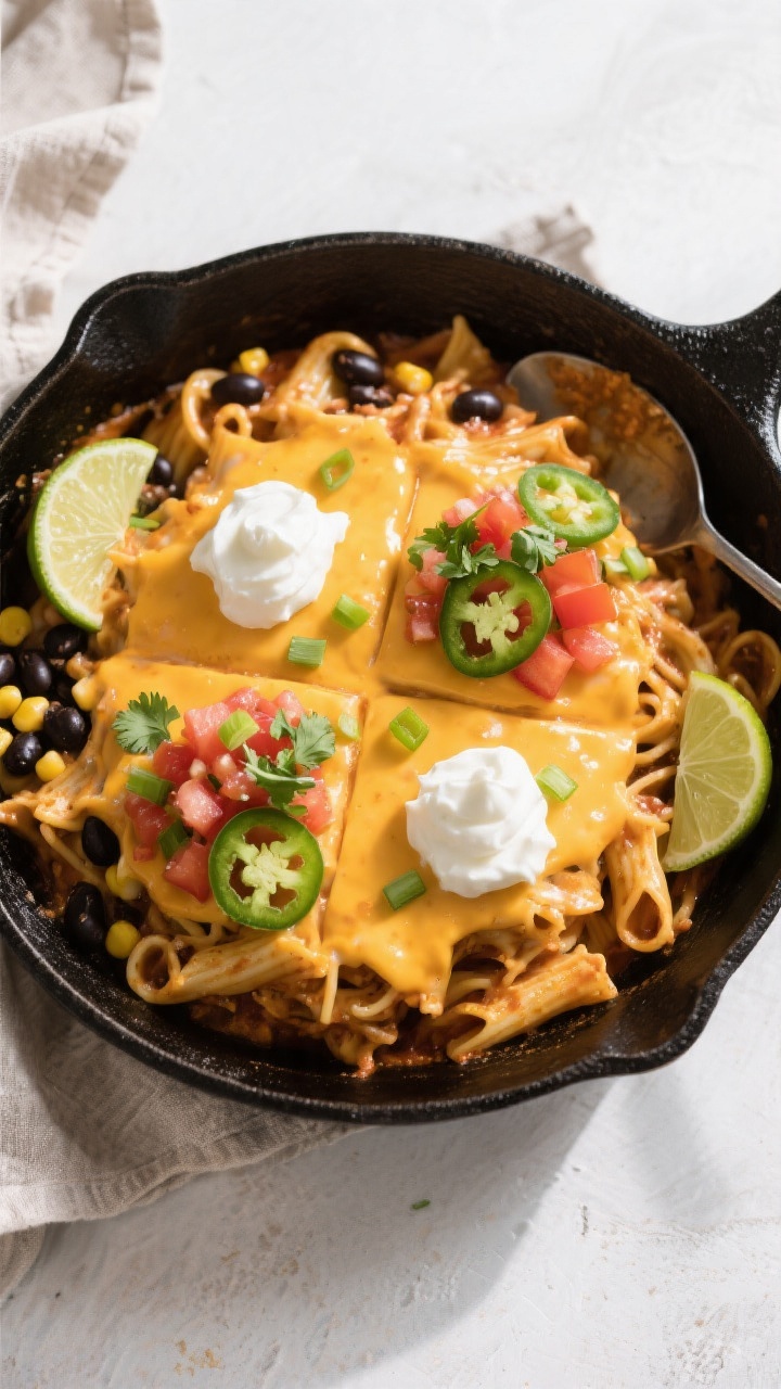 Overhead “tasty top view”: Final Taco Pasta in a wide, black skillet, sauce luxuriously coated w