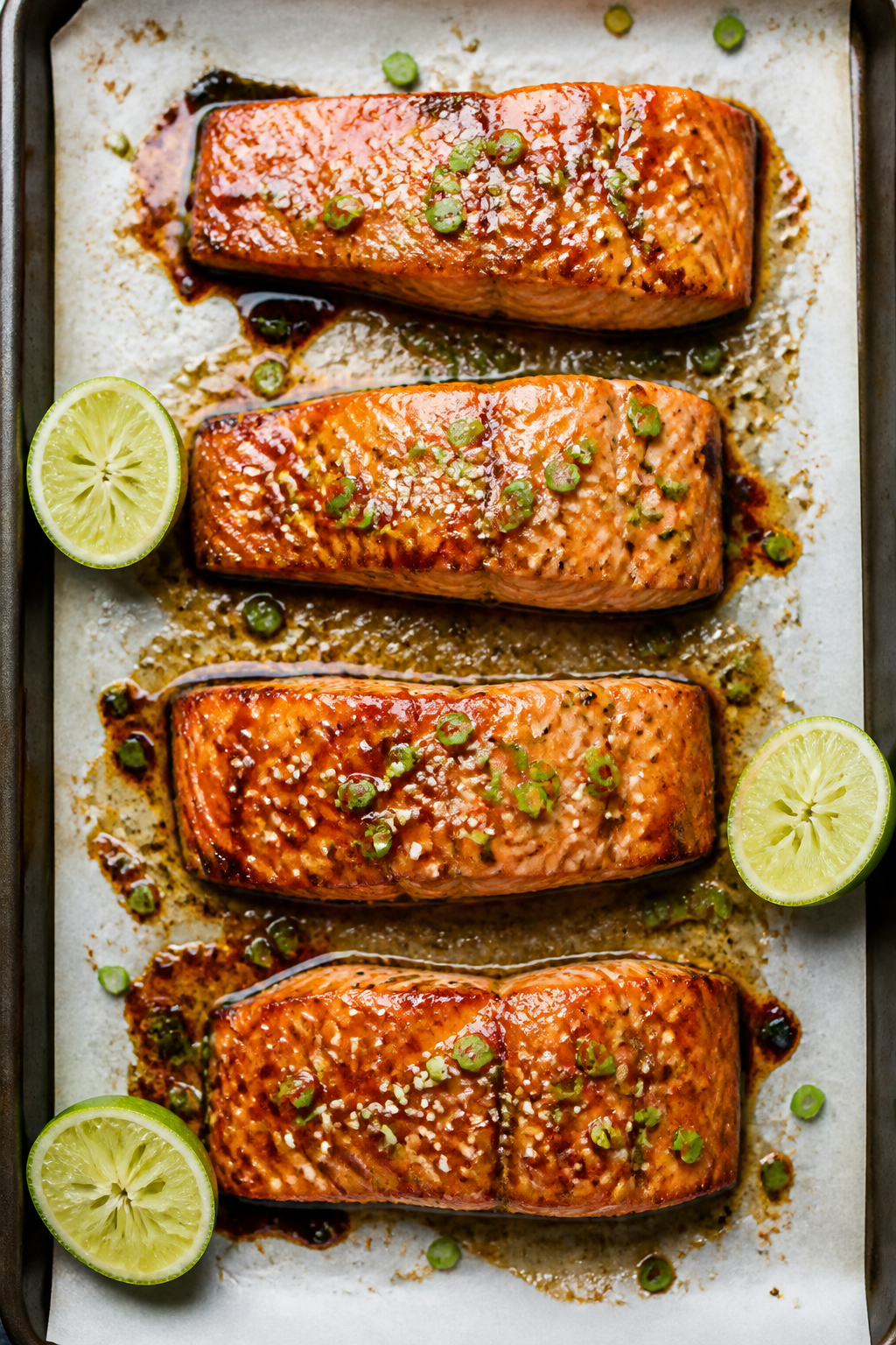 Overhead tasty top view: Four salmon fillets arranged on a parchment-lined baking sheet, post-roast,