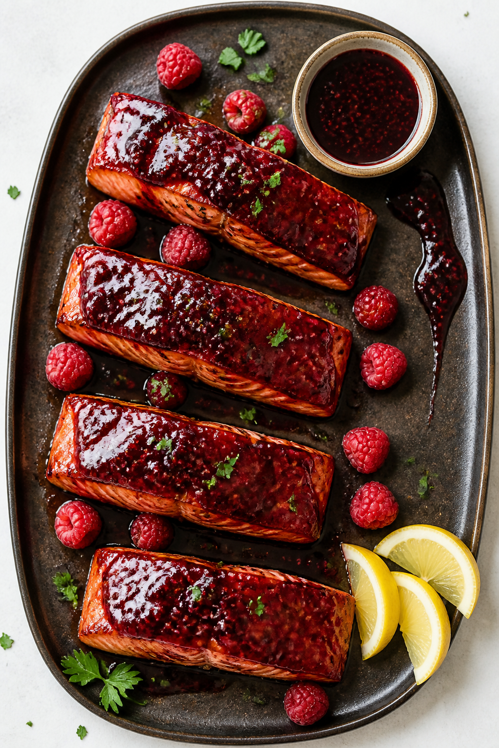 Overhead “tasty top view”: Four salmon portions on a dark ceramic platter, each lacquered with t