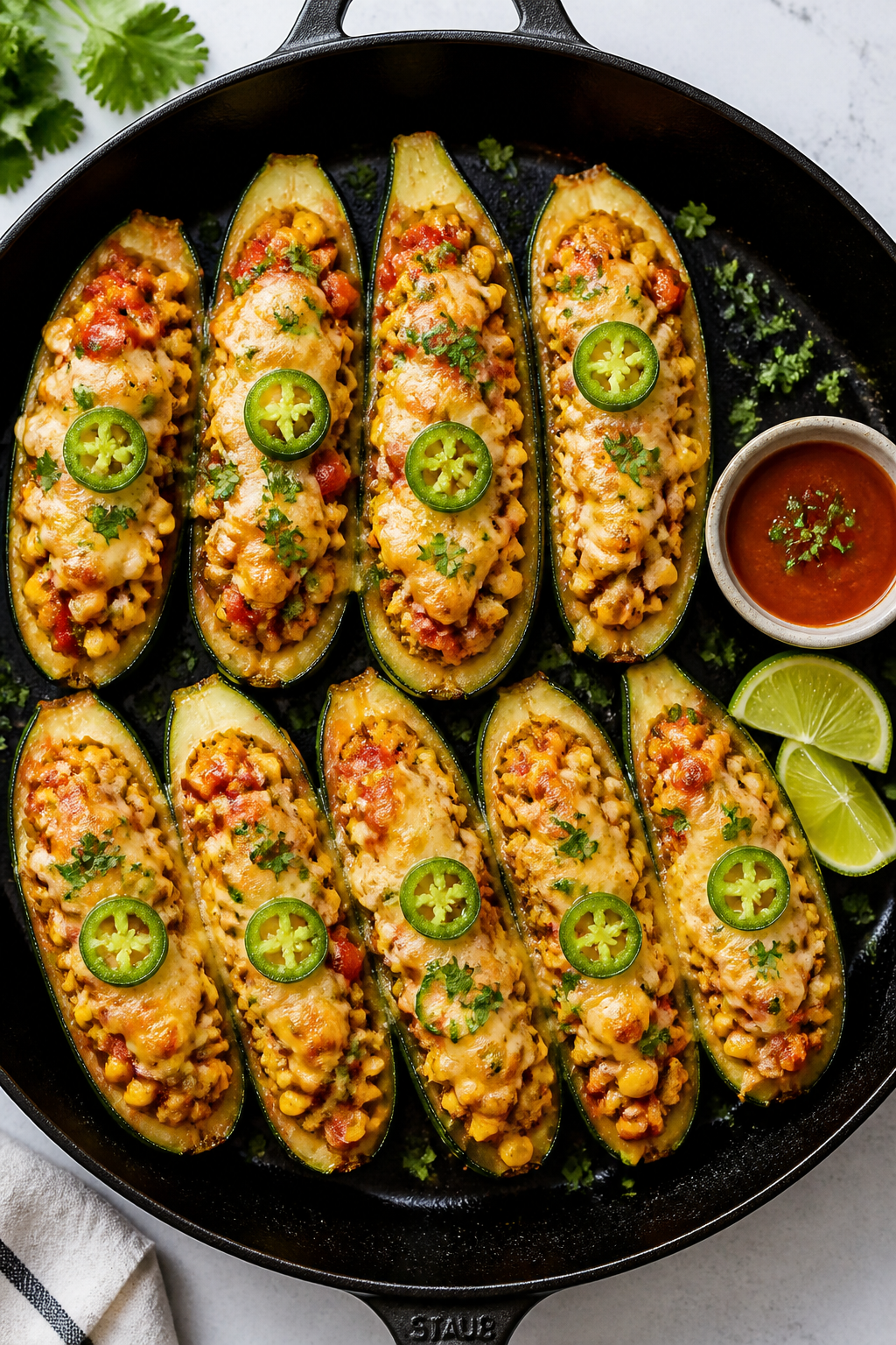 Overhead “tasty top view”: Freshly baked One Pan Mexican Zucchini Boats in the skillet, cheese m
