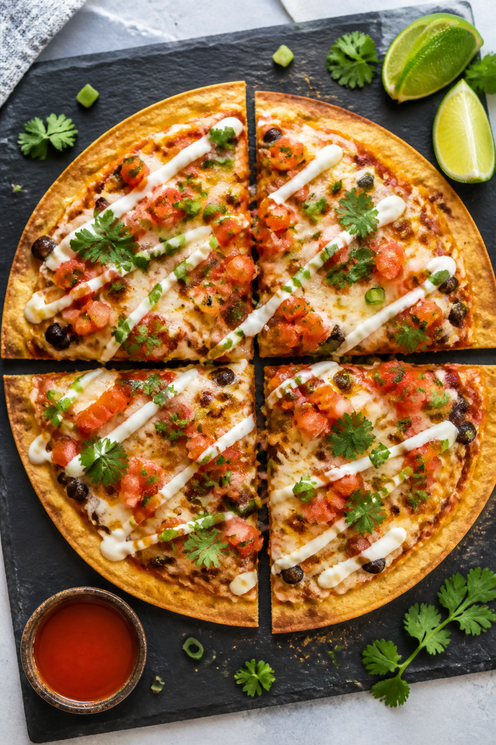 Overhead tasty top view: Fully baked Healthy Mexican Pizza cut into quarters on a dark slate board; 