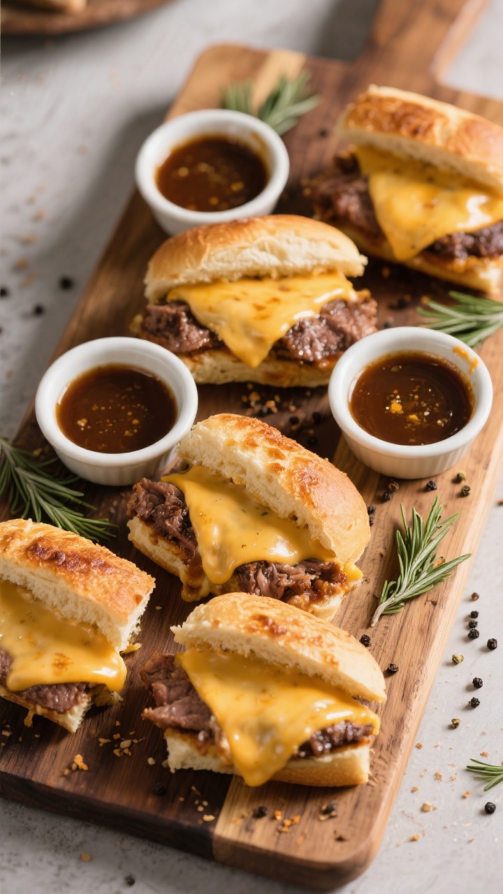 Overhead “tasty top view”: Game-day platter of 4–6 French Dip Sandwich halves on a rustic wood