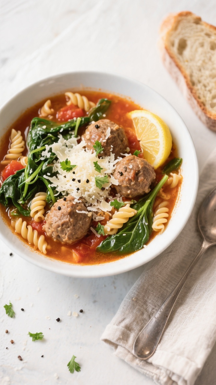 Overhead tasty top view: Hearty bowl of Crockpot Italian Turkey Meatball Soup, top-down shot highlig