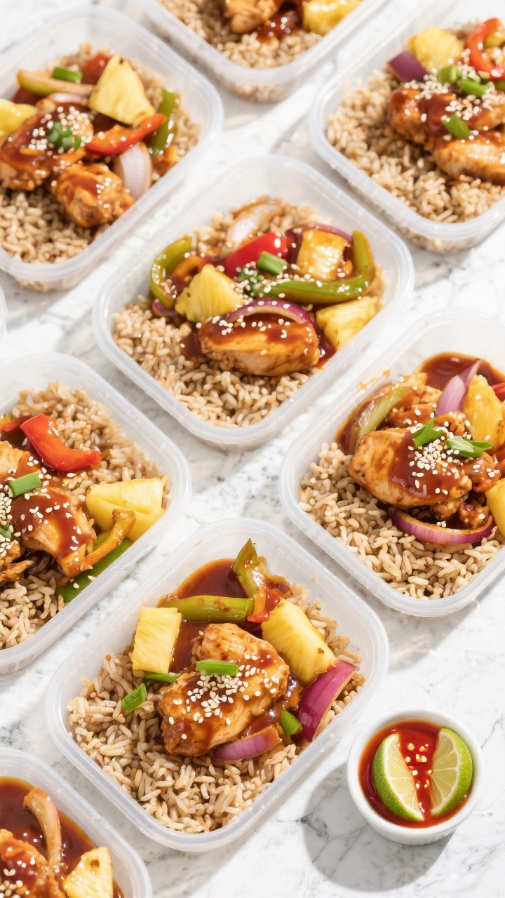 Overhead “tasty top view” meal prep spread: Top-down shot of multiple meal-prep containers neatl
