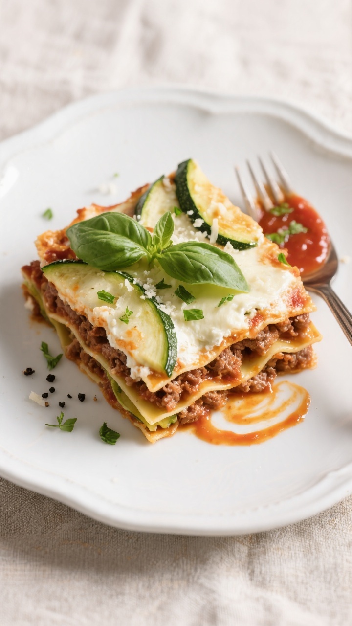 Overhead “tasty top view” of a clean slice of slow cooker zucchini lasagna served on a white cer