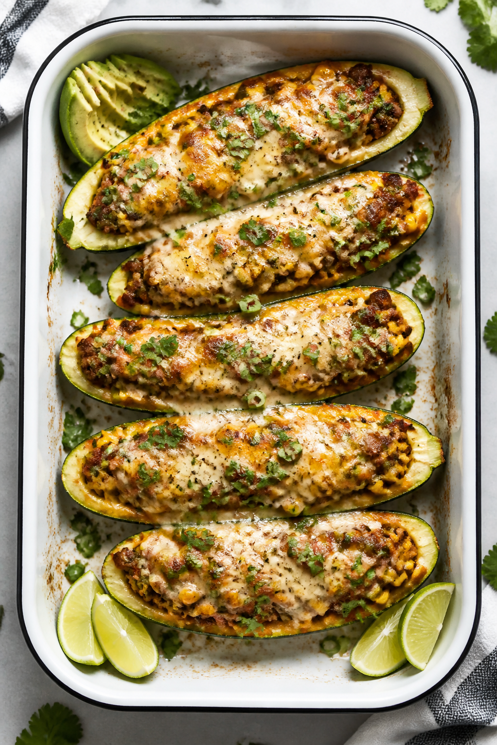 Overhead “tasty top view” of baked taco stuffed zucchini boats in a white enamel baking dish: ne