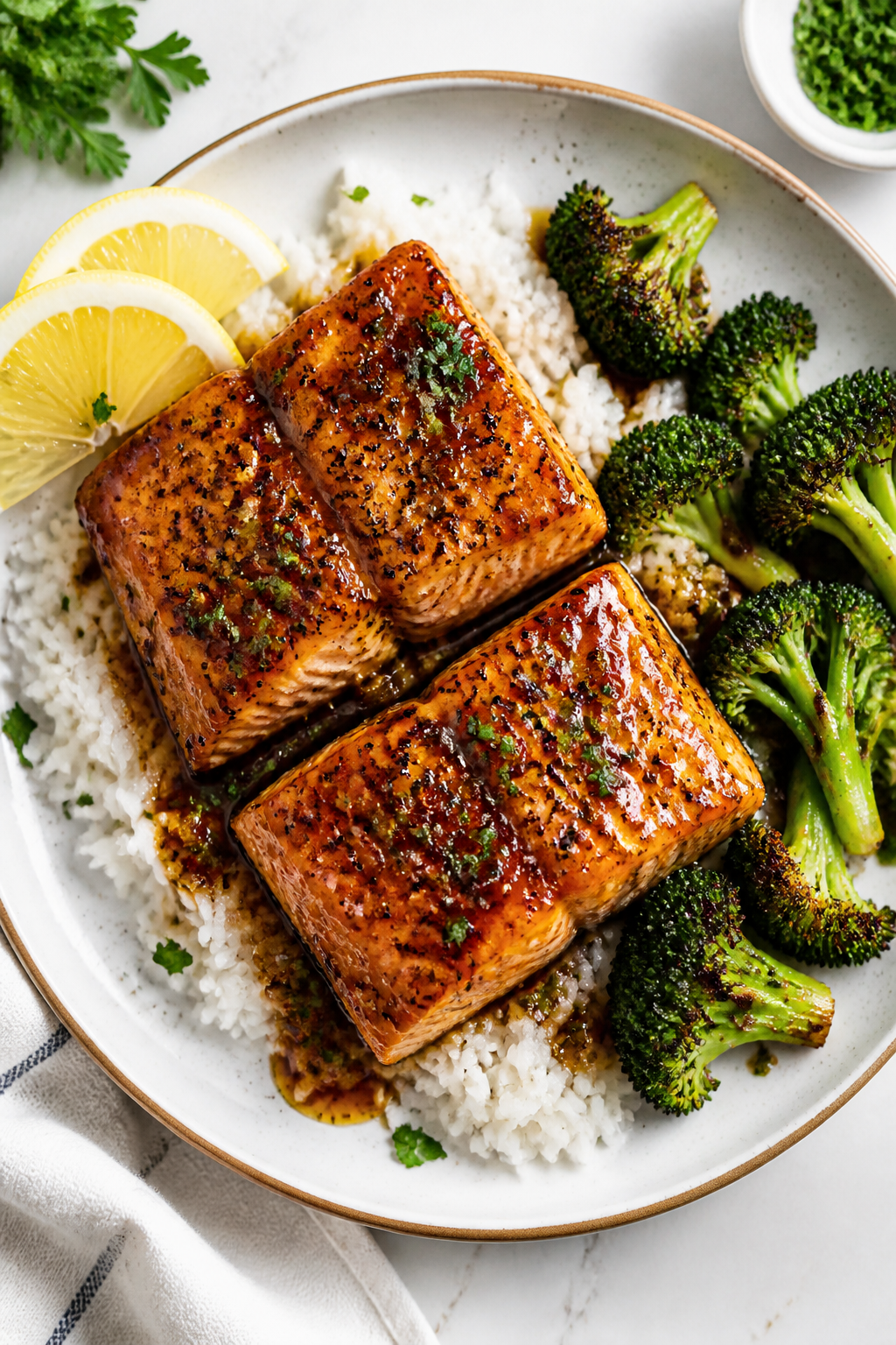 Overhead “tasty top view” of final plated Brown Sugar Garlic Glazed Salmon: two fillets on a whi