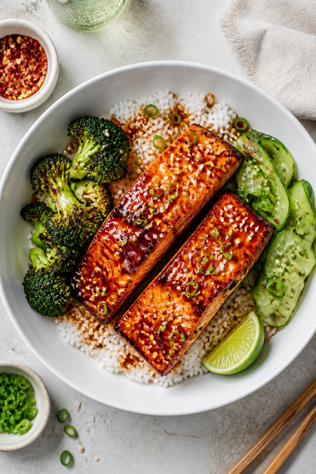 Overhead “tasty top view” of final plated Firecracker Salmon bowl: two lacquered fillets with sl