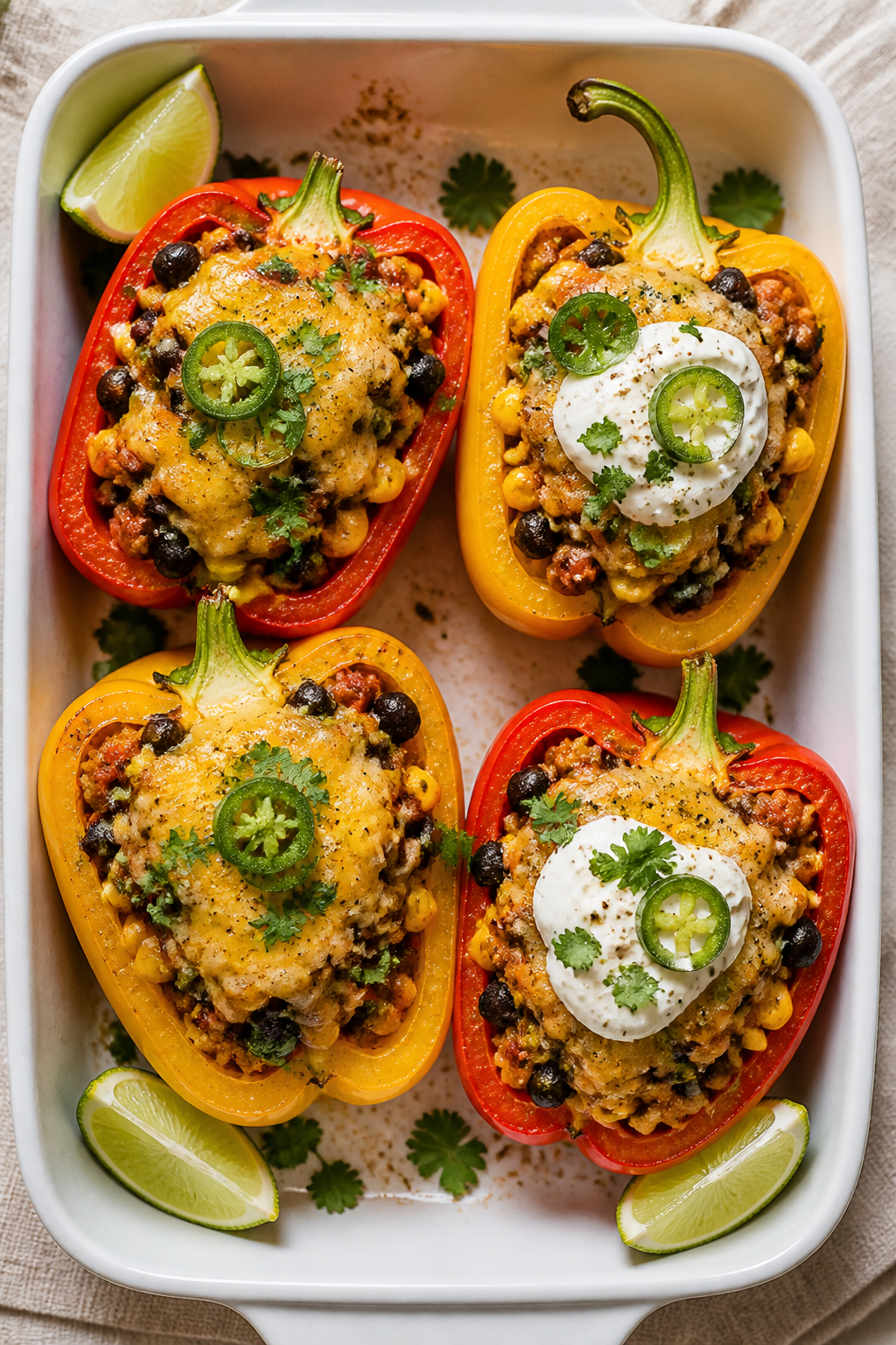 Overhead “tasty top view” of taco stuffed peppers fresh from the oven: four halved red and yello
