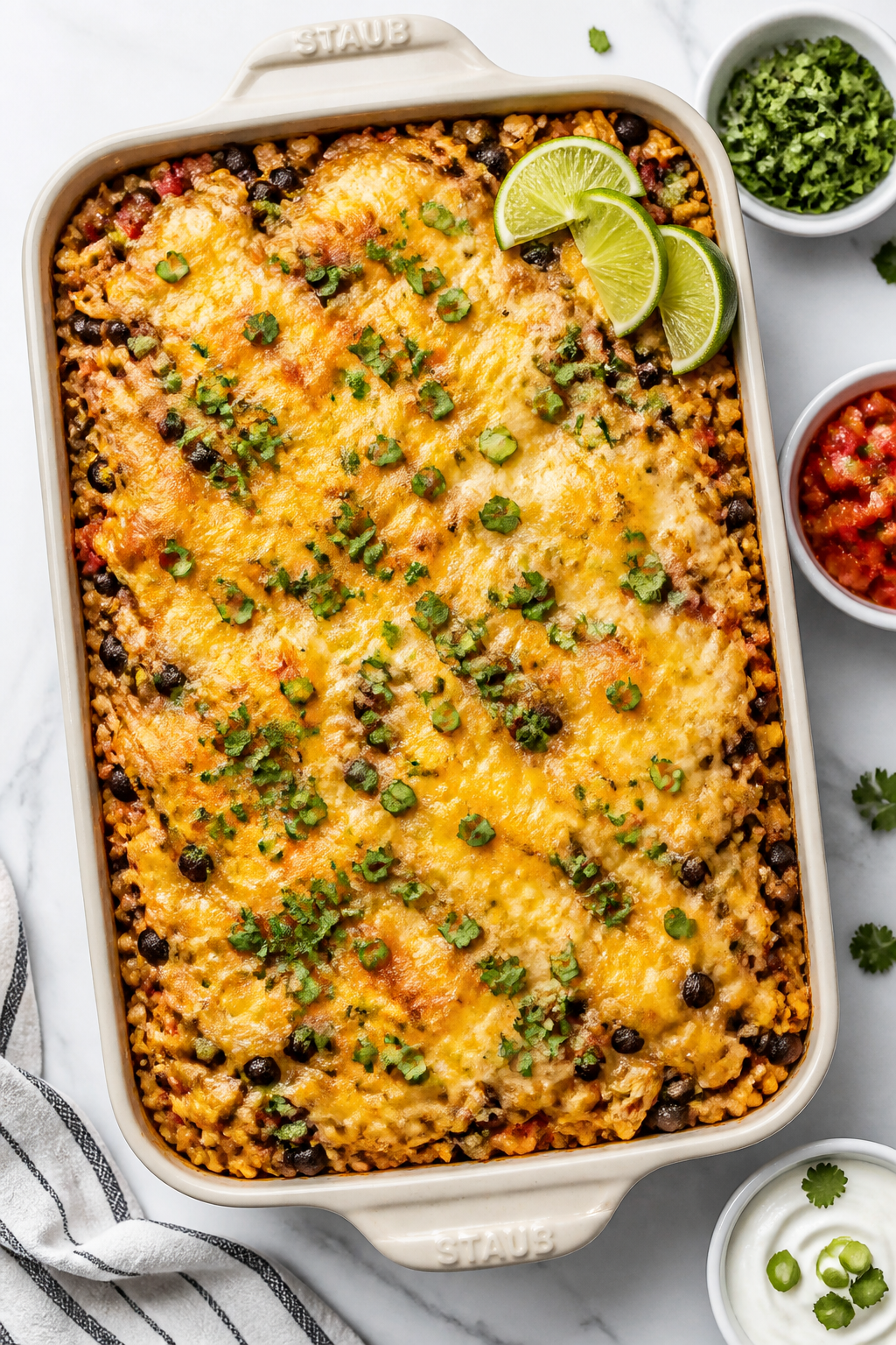Overhead “tasty top view” of the assembled and baked Healthy Chicken Burrito Casserole in a 9x13