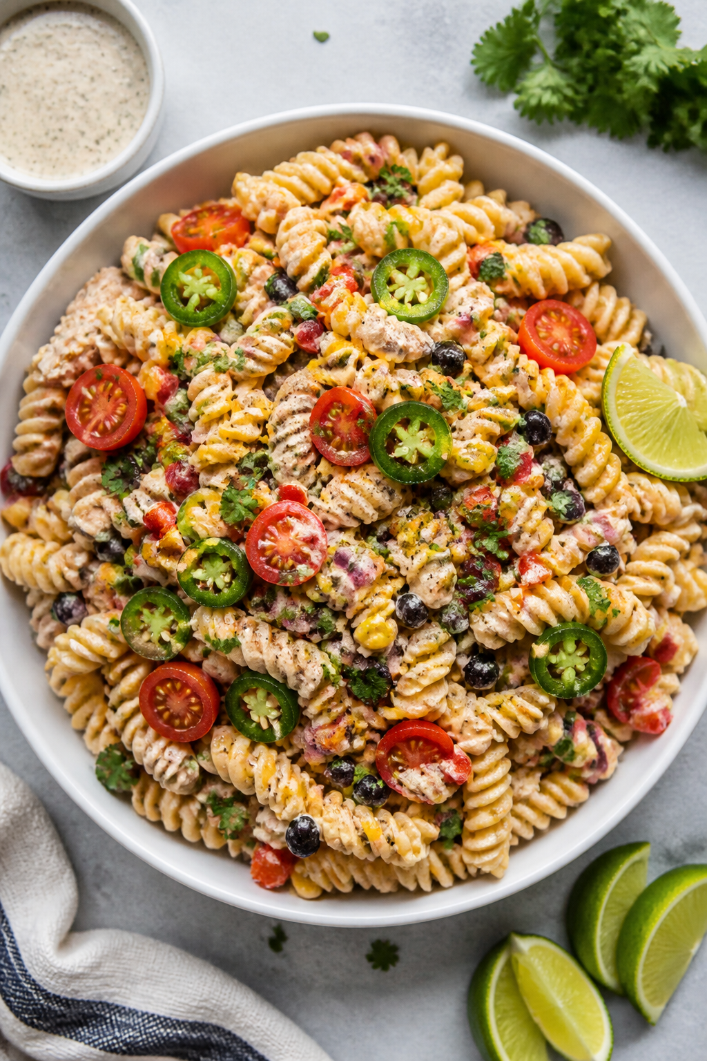 Overhead “tasty top view” of the finished High Protein Chicken Taco Ranch Pasta Salad in a wide,