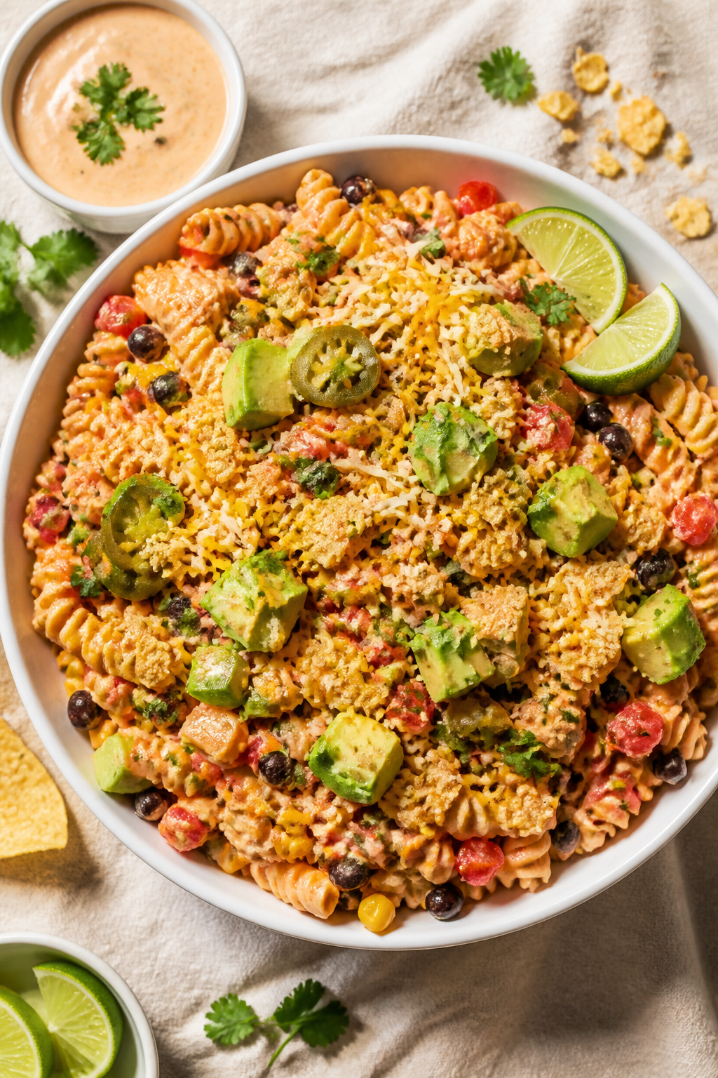 Overhead “tasty top view” of the finished High Protein Creamy Taco Pasta Salad in a wide, low wh